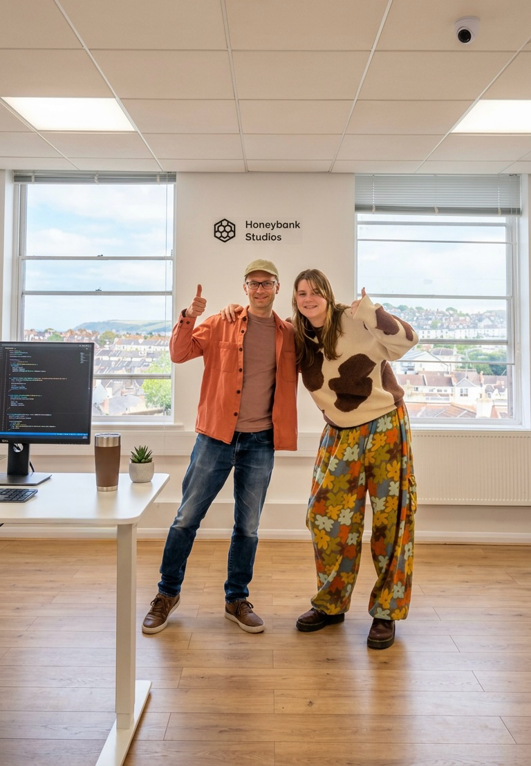 Maia and Vadim in the Honeybank Studios office in Brighton